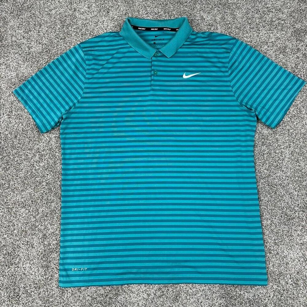 Nike Golf Men's Polo Shirt Large Button Blue Navy Stripes Dri-Fit Activewear